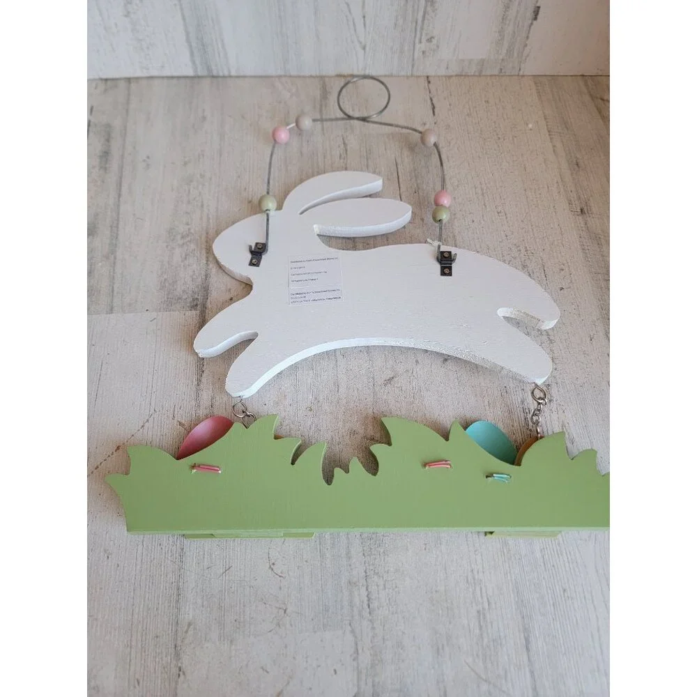 Wooden hanging‎ happy Easter white bunny egg grass Spring home decor